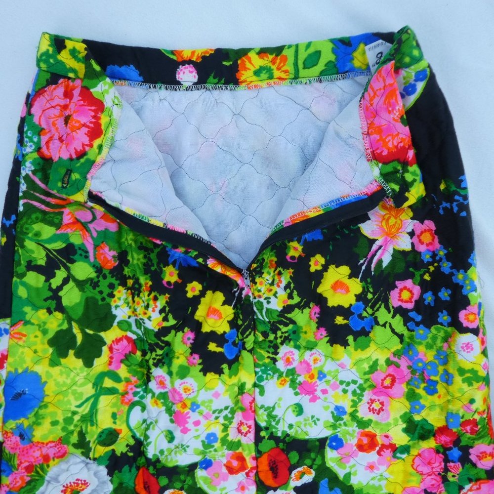 Vintage 60s QuiLTeD Mr B of California Vibrant Neon Floral Maxi Skirt Back Zip S
